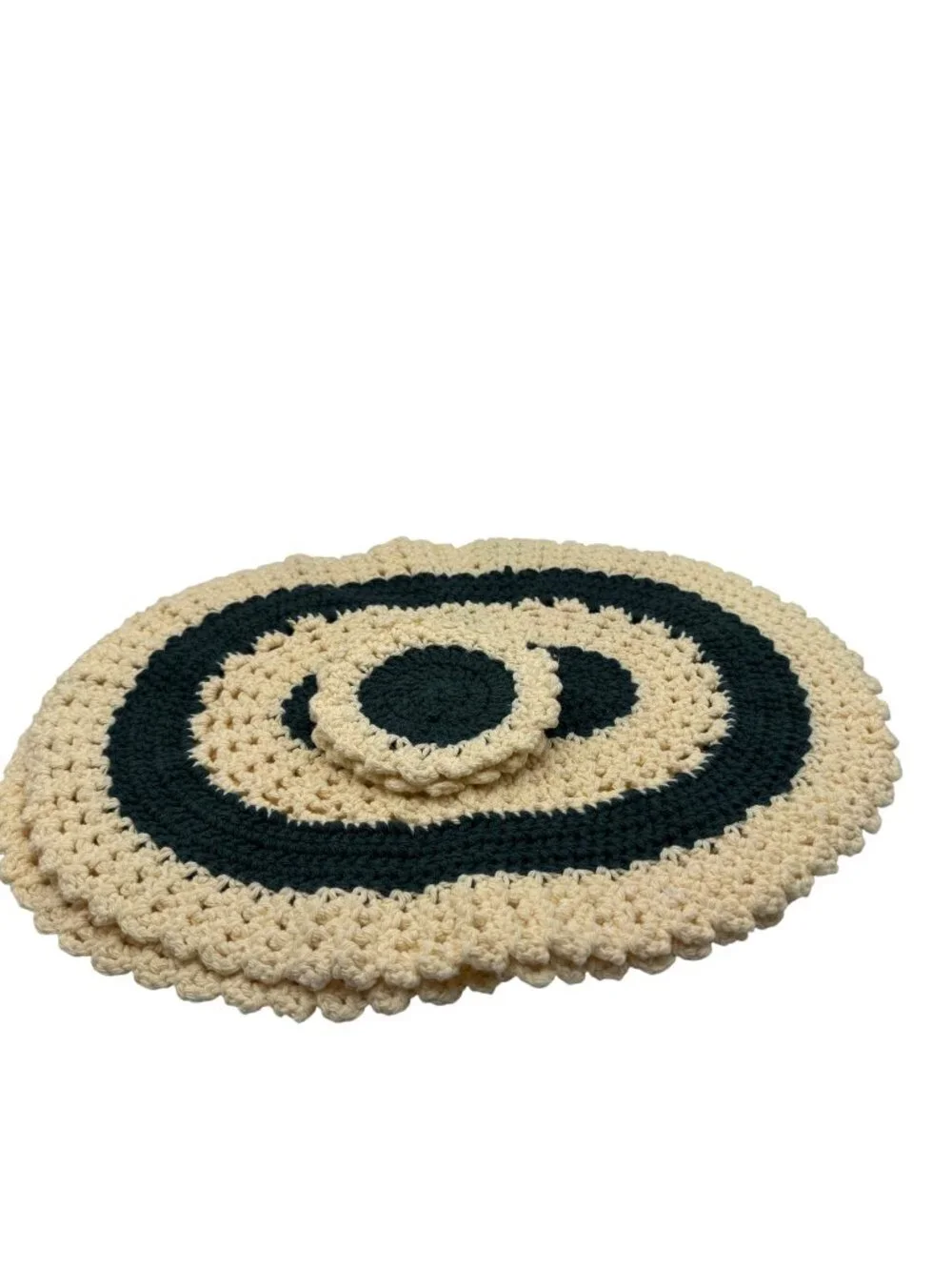 Handmade Oval Crochet Placemat & Coaster Set Cream & Green Set of 2